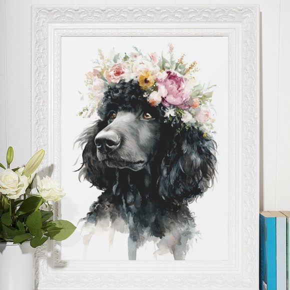 Watercolor Black Poodle with Flowers Crown Portrait Wall Art Print - Unframed - Picture 6 of 6
